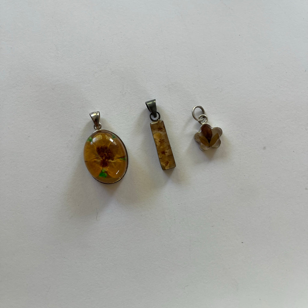 VINTAGE STERLING SILVER FLORAL RESIN PENDANTS