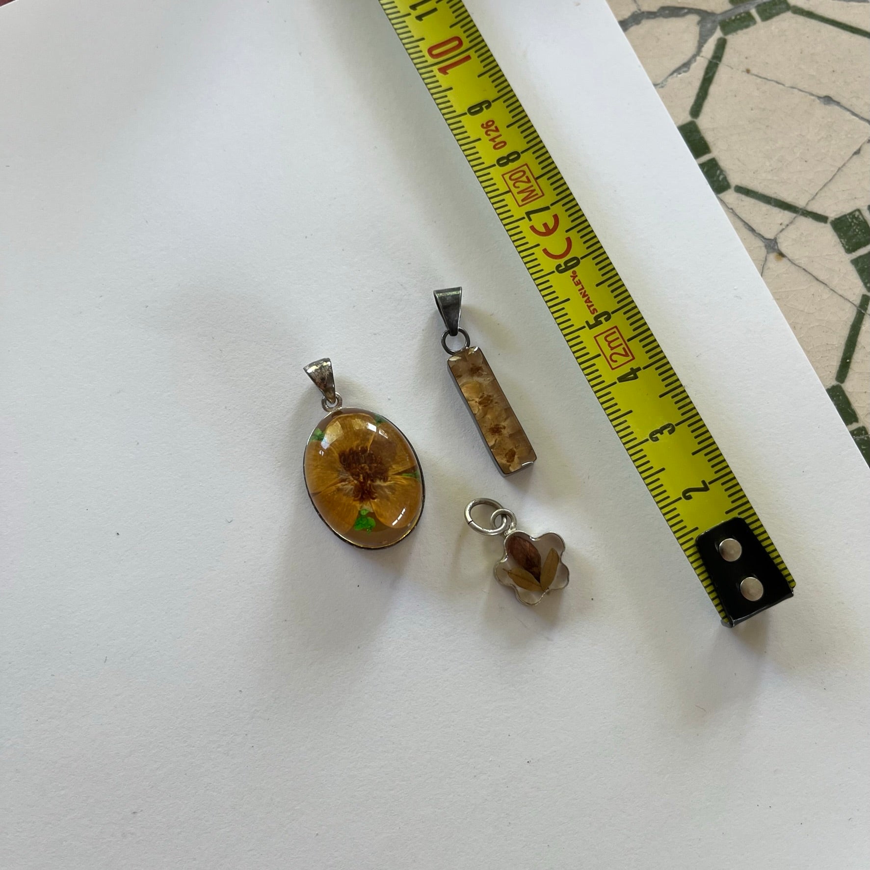 VINTAGE STERLING SILVER FLORAL RESIN PENDANTS