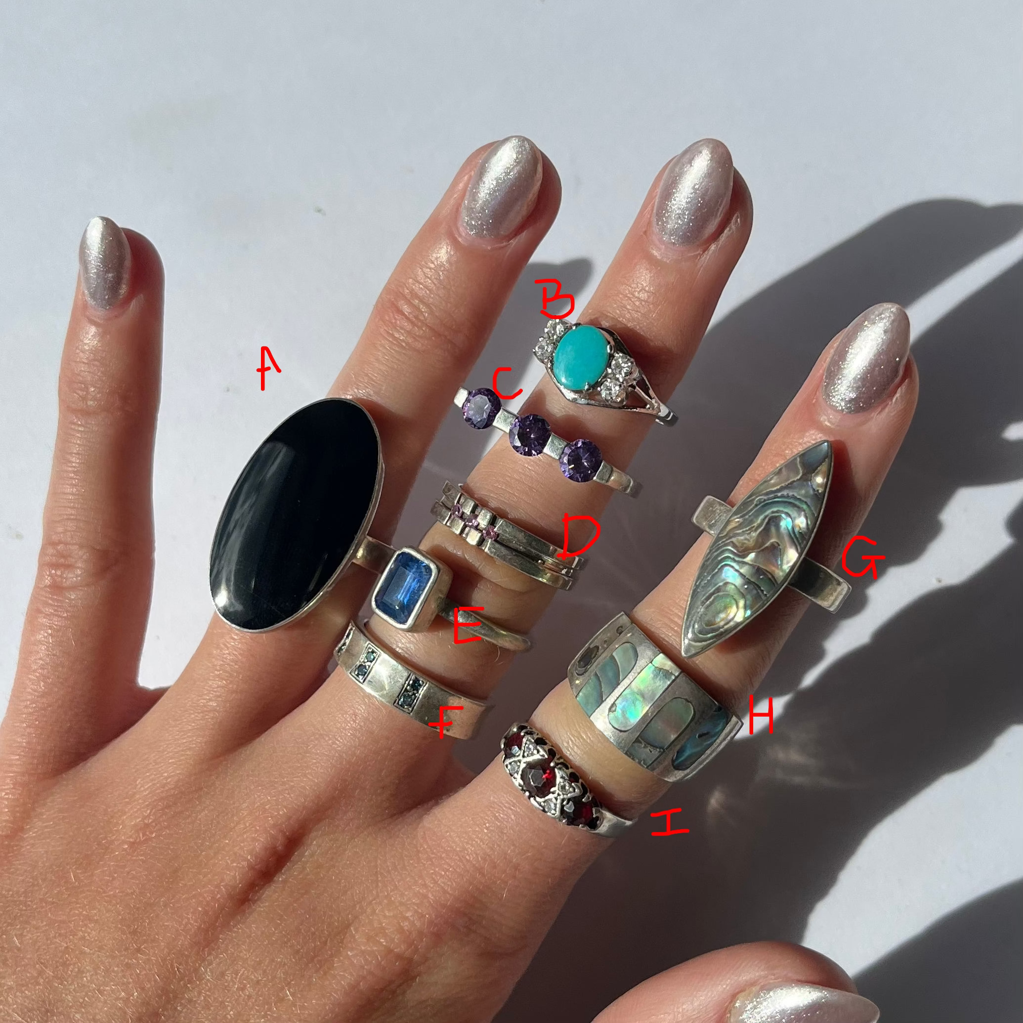 US 6 vintage 925 silver and semi precious rings #3