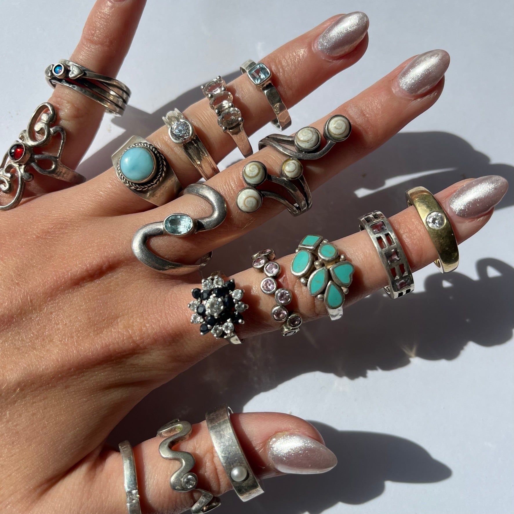 US 8 vintage 925 silver semi precious rings