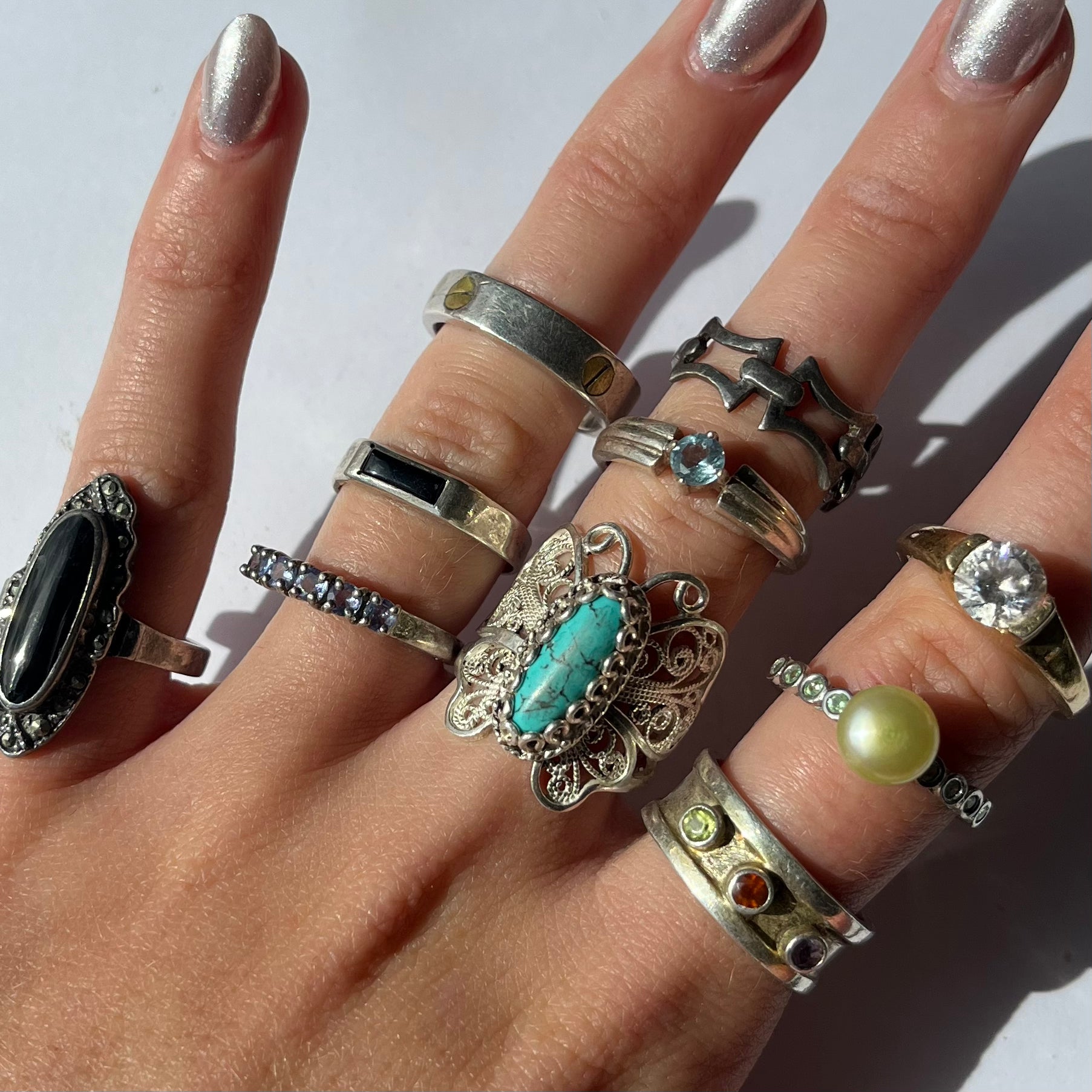 US 7.5  vintage 925 silver and semi precious rings